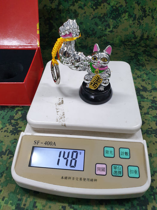 Small Giant Muscle Arm Fortune Cat Statue Silver Color