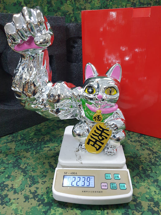 Big Giant Muscle Arm Fortune Cat Statue Silver Color