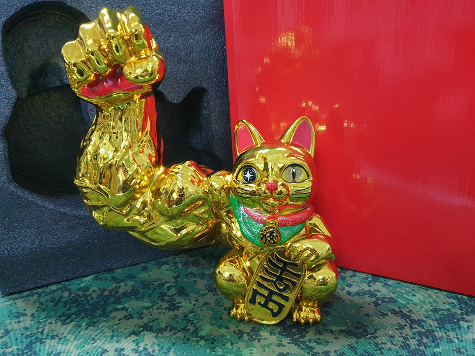 Big Giant Muscle Arm Fortune Cat Statue Gold Color
