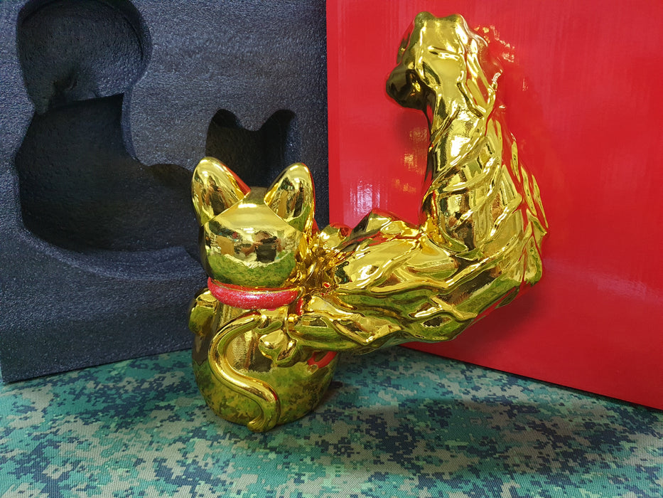 Big Giant Muscle Arm Fortune Cat Statue Gold Color